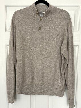Peter Millar Sweater Mens Medium Linen Cotton Button Mock Neck Pullover Beige
